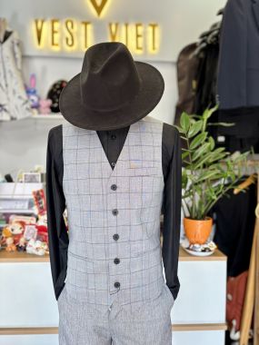 Vest Nam Xám Caro Nhạt